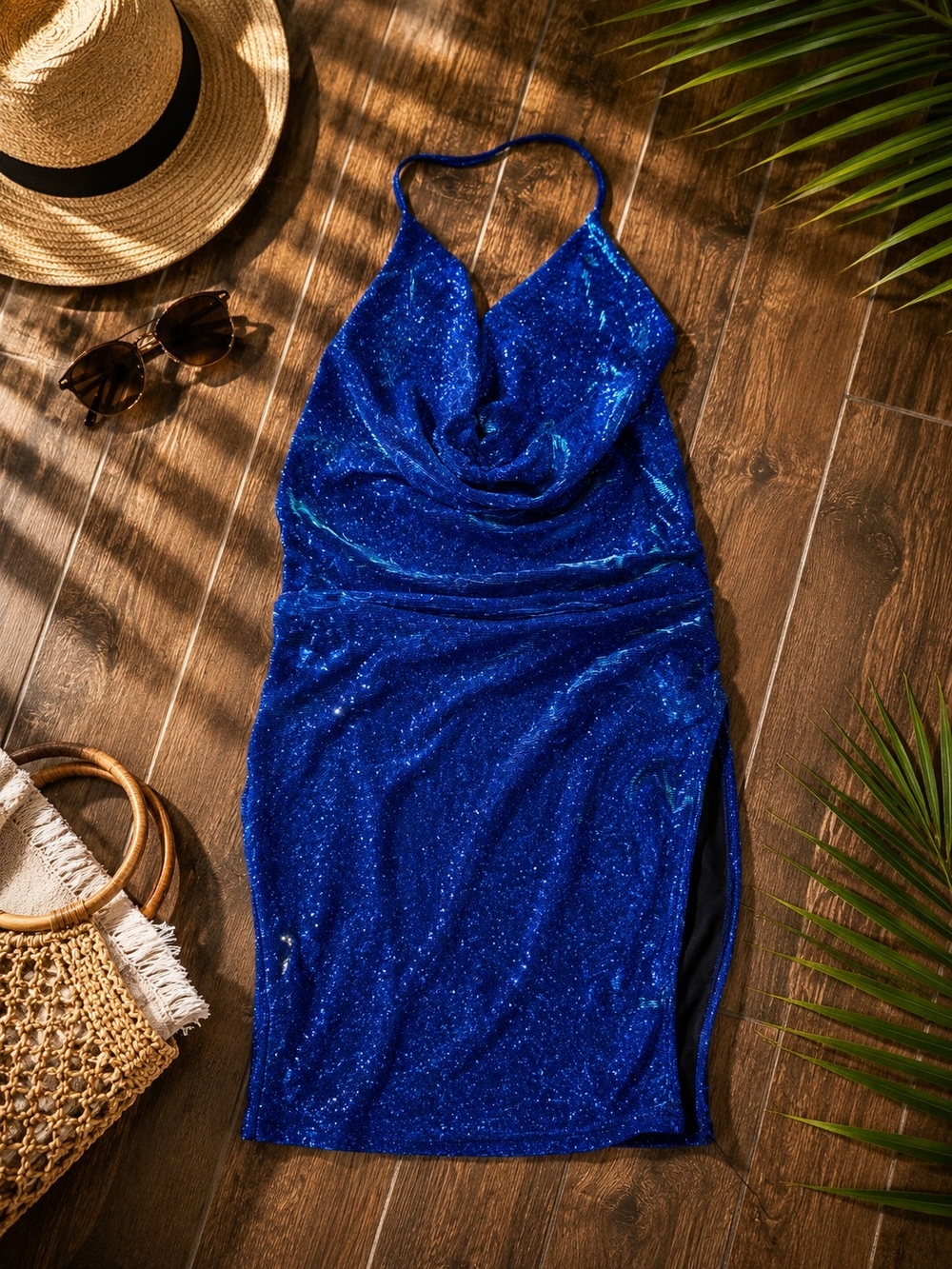 Blue Sparkle Cowl Neck Slip Dress